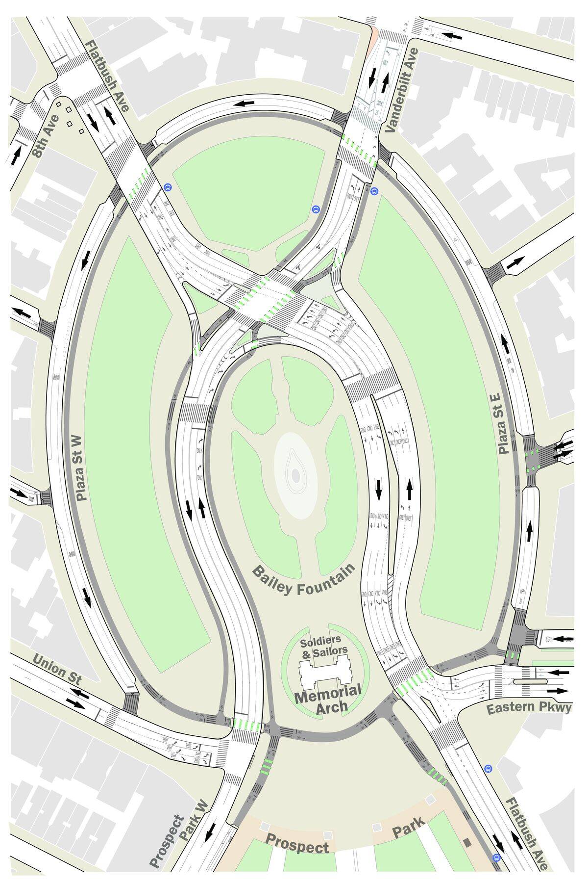 DOT design proposal for Grand Army Plaza showing car-free connection between the Arch and Prospect Park