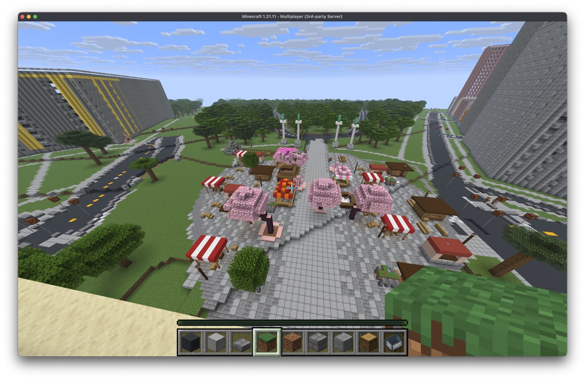 Aerial view of the plaza with market stalls