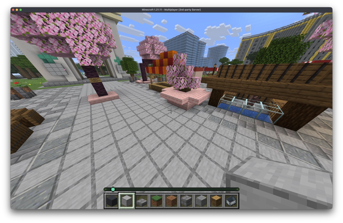 Ground level view in the pedestrian plaza