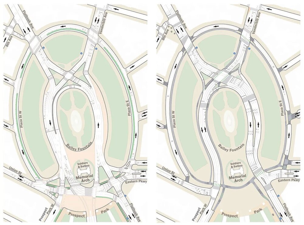 Two side-by-side NYC DOT plan drawings of Grand Army Plaza. The left shows today's configuration with roadway separating the Memorial Arch from Prospect Park; the right shows the redesign, with the southern segment removed and the arch connected to the park.