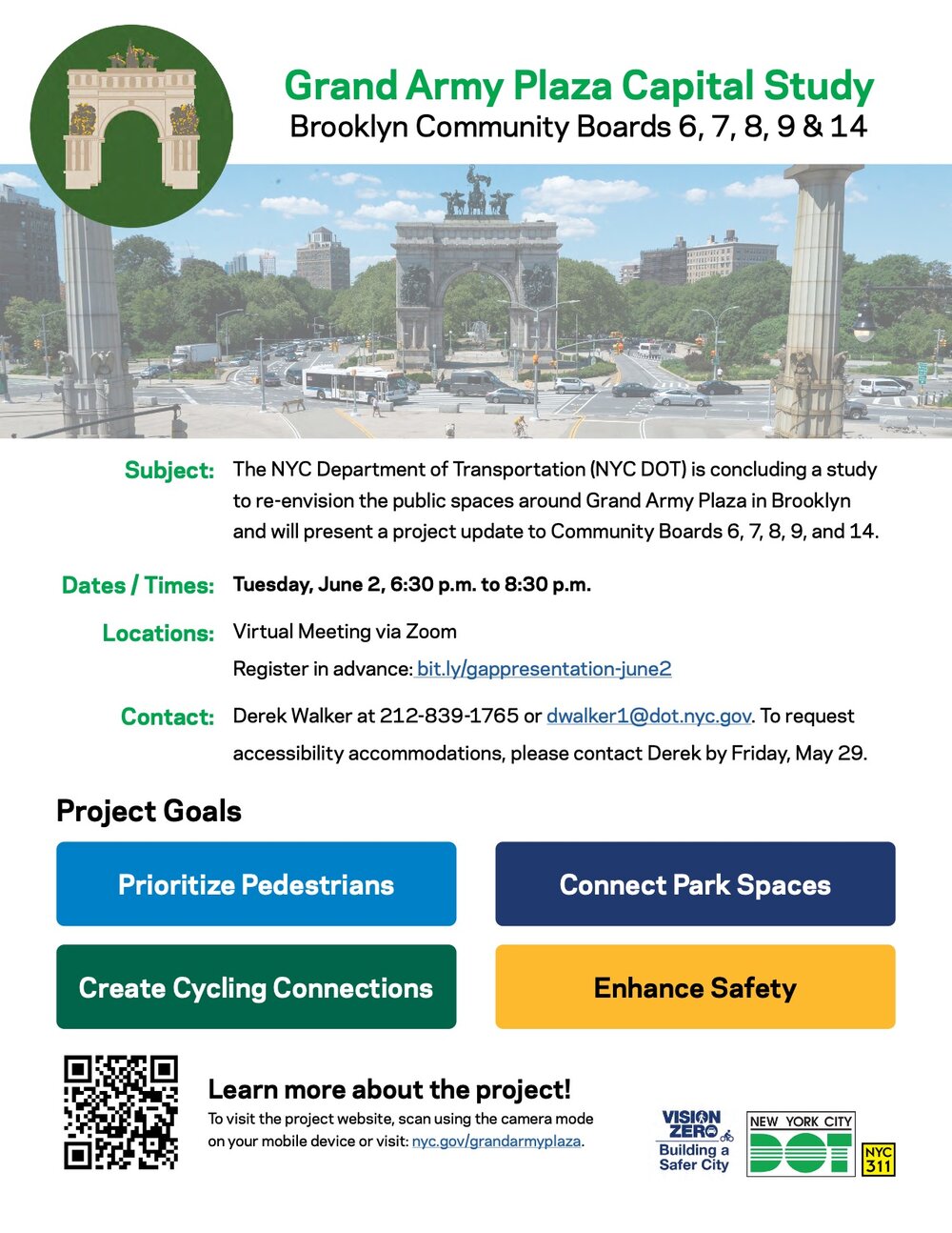 Brooklyn Community Board 14 flyer for the June 2 Grand Army Plaza capital study presentation