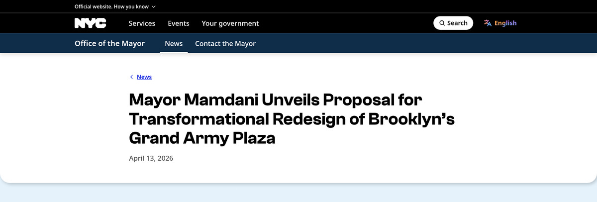Screenshot of NYC.gov: Mayor Mamdani Unveils Proposal for Transformational Redesign of Brooklyn's Grand Army Plaza
