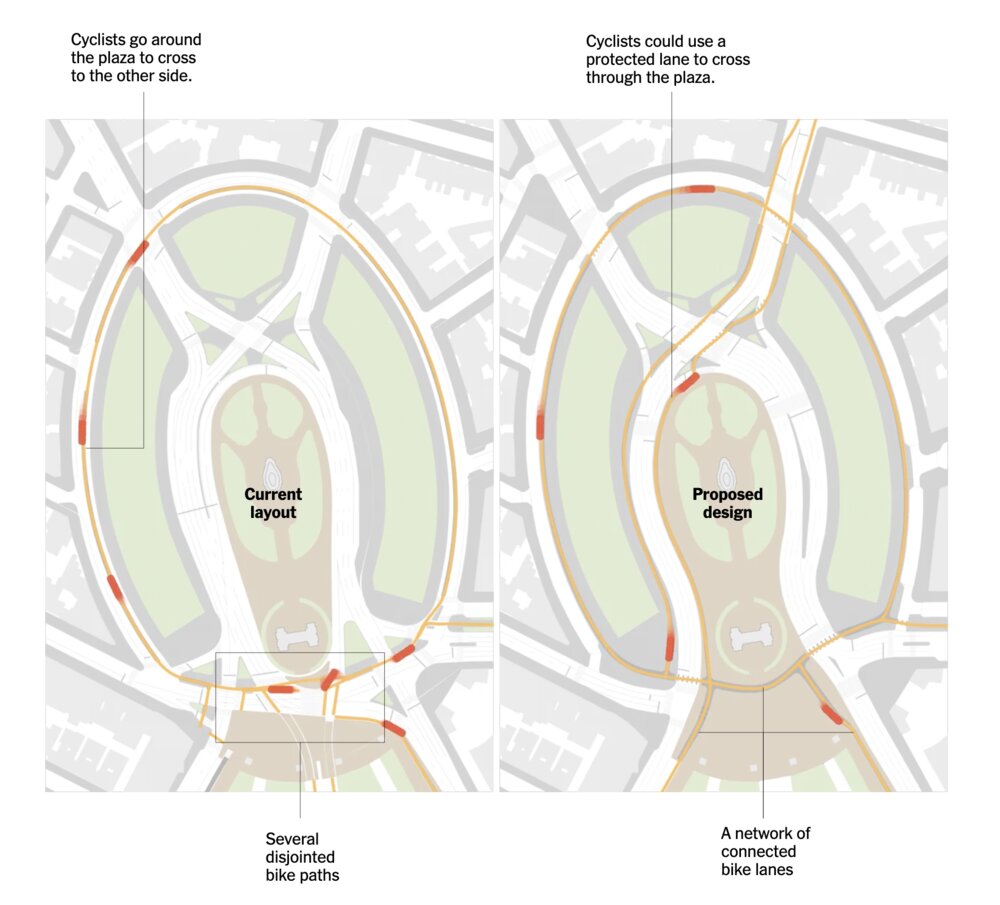 Current layout has several disjointed bike paths; proposed design shows a network of connected bike lanes with a protected lane through the plaza