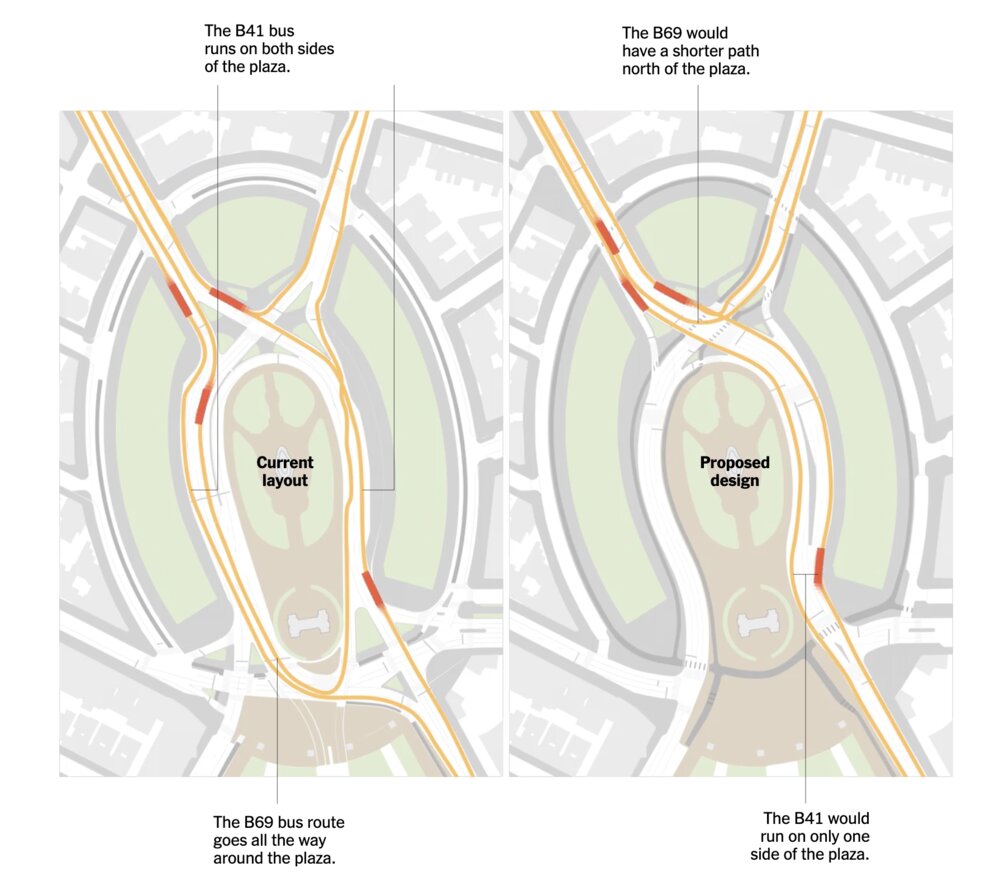 Current B41 runs on both sides of the plaza and B69 circles the entire loop; proposed design has B41 on one side only and B69 with a shorter path north of the plaza
