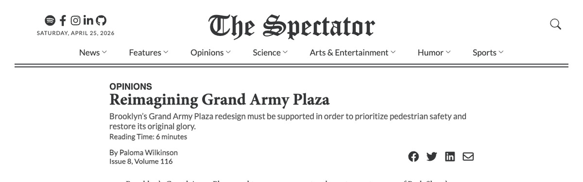Screenshot of The Spectator article: Reimagining Grand Army Plaza